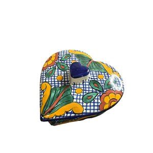 Mexico Heart Shaped Trinket Jewelry Box Tonala Pottery Floral Signed Blue EUC